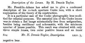 H Dennis Taylor describing a Cooke lens, modified for astronomy.
