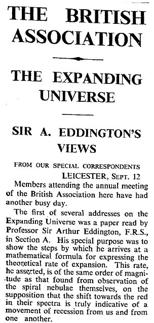The Times, 13 Sept 1933, British Association, Eddington - Expanding Universe