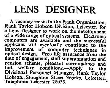 Advertisement for a lens designer in The Times, Oct 30, 1963