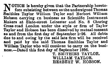 Dissolution of Taylor, Taylor and Hobson, 1896