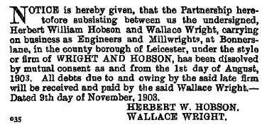 Dissolution of Wright and Hobson, 1903.