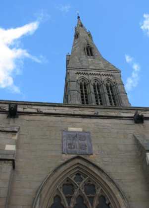 Leicester Cathedral, spire and sundial.
