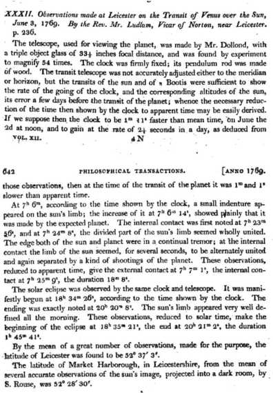 Transit of Venus, 1769, observed by William Ludlam