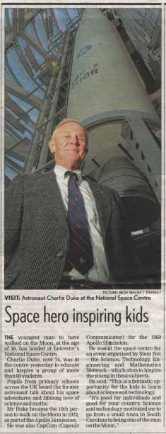 Charlie Duke at the National Space Centre, Leicester Mercury, 21 November, 2009.