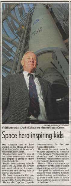 Charlie Duke at the National Space Centre, Leicester Mercury, 21 November, 2009.